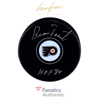 Bernie Parent Philadelphia Flyers Autographed Hockey Puck with HOF 1984 Inscription