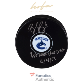 Brock Boeser Vancouver Canucks Autographed Hockey Puck with 1st NHL Hat Trick 11/4/17 Inscription