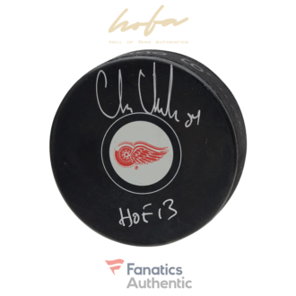 Chris Chelios Detroit Red Wings Autographed Hockey Puck with HOF 13 Inscription