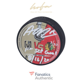 Alex DeBrincat Chicago Blackhawks Autographed 2020 Stanley Cup Playoffs Round 1 vs. Vegas Golden Knights Match-Up Hockey Puck with "1st SCP Goal 8/16/20" Inscription - Limited Edition of 50