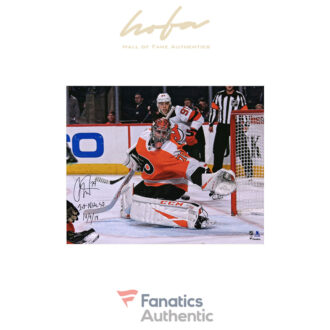 Carter Hart Philadelphia Flyers Autographed 16" x 20" Making Save Photograph with "1st NHL SO 10/9/19" Inscription