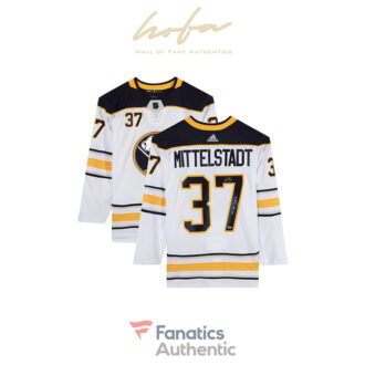 Casey Mittelstadt Buffalo Sabres Autographed White Adidas Authentic Jersey with "NHL Debut 3/29/18" Inscription