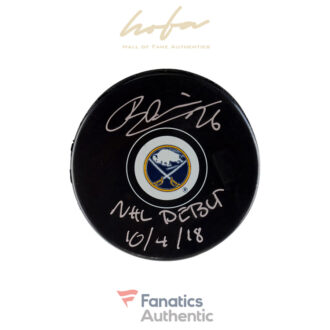 Rasmus Dahlin Buffalo Sabres Autographed Hockey Puck with "NHL Debut 10/4/18" Inscription
