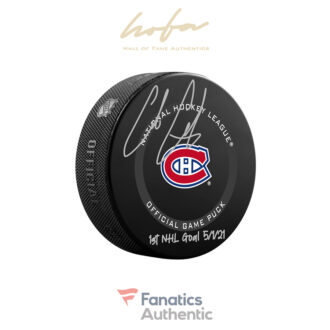 Cole Caufield Montreal Canadiens Autographed Official Game Puck with ''1ST NHL GOAL 5/1/21'' Inscription