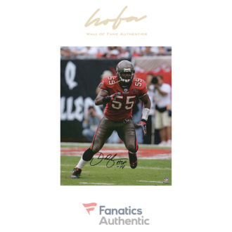 Derrick Brooks Tampa Bay Buccaneers Autographed 16" x 20" Red Jersey Rushing Photograph with "HOF 14" Inscription