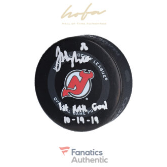 Jack Hughes New Jersey Devils Autographed 2019 Model Official Game Puck with "1st NHL Goal 10/19/19" Inscription