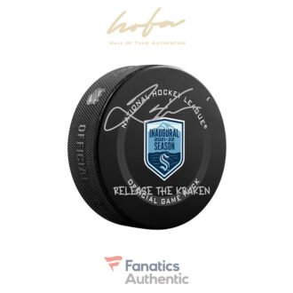 Jamie Oleksiak Seattle Kraken Autographed 2021-22 Inaugural Season Official Game Puck with "Release The Kraken" Inscription