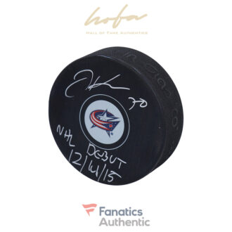 Joonas Korpisalo Columbus Blue Jackets Autographed Hockey Puck with "NHL Debut 12/14/15" Inscription
