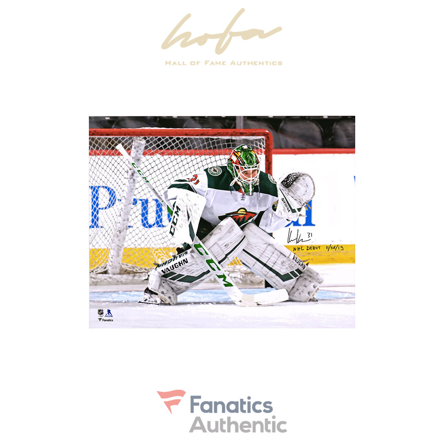 kaapo_kahkonen_minnesota_wild_autographed_16_x_20_white_jersey_in_net_photograph_with_nhl_debut_112619_inscriptionlimited_edition_of_34_4283984_1.jpg